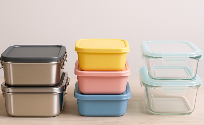 Meal Prep Boxes displayed in stainless steel, plastic, glass, and silicone.