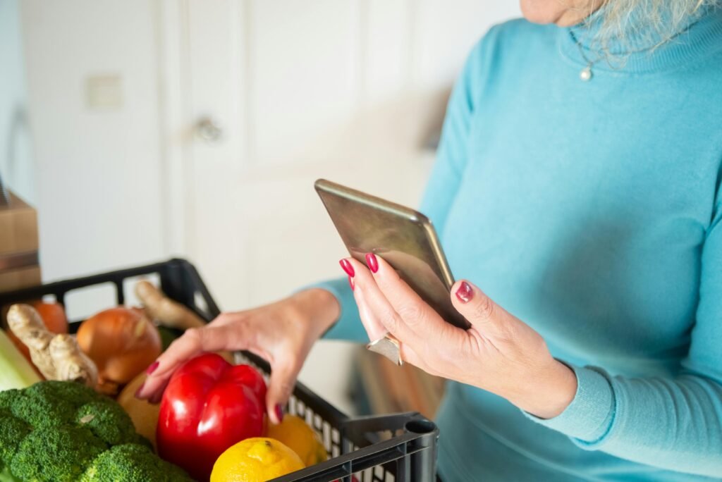 Shopping lists, digital. Sorted into categories (vegetables, fruit, dairy products, meat-fish, etc.) 