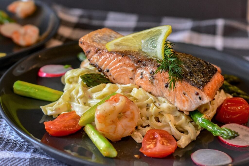 salmon, fish, food, dish, meal, cuisine, delicious, tasty, nature, asparagus, nourishment, noodles, pasta, lemon sauce, plate, homemade